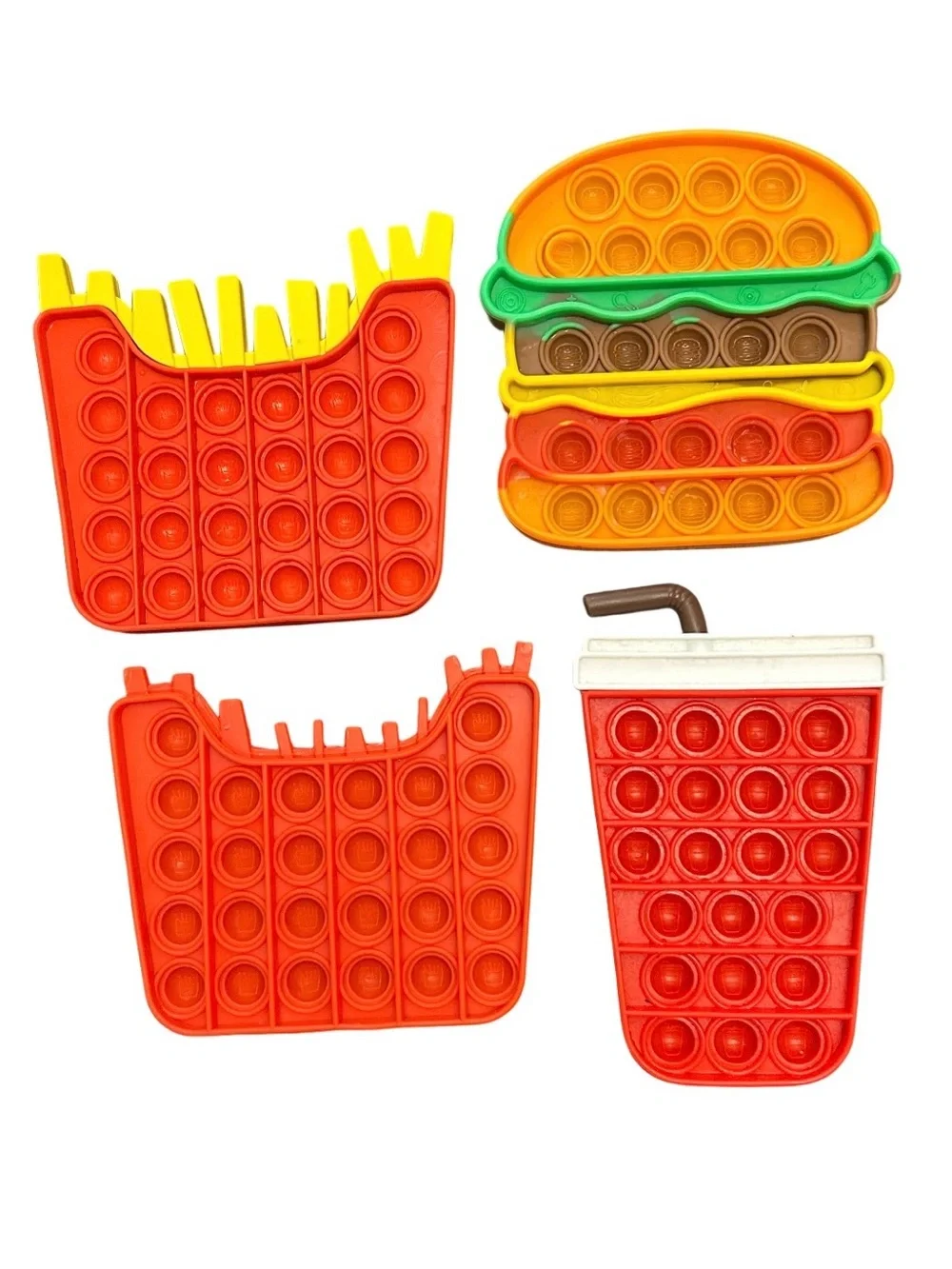 Stress Relief Fidget Toys Pop It Food Theme Fries, Cheeseburger, Drink Lot Of 4